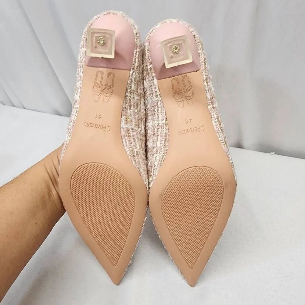 NIB C. Paravano Pink Tweed Kitten Heel Pumps Pointed Toe EU 41 US 10 - Picture 6 of 9